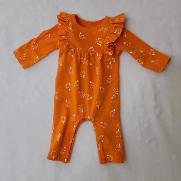 Cat & Jack Baby NB Pumpkin Print Long Sleeve Ruffle Romper Orange - Picture 2 of 7